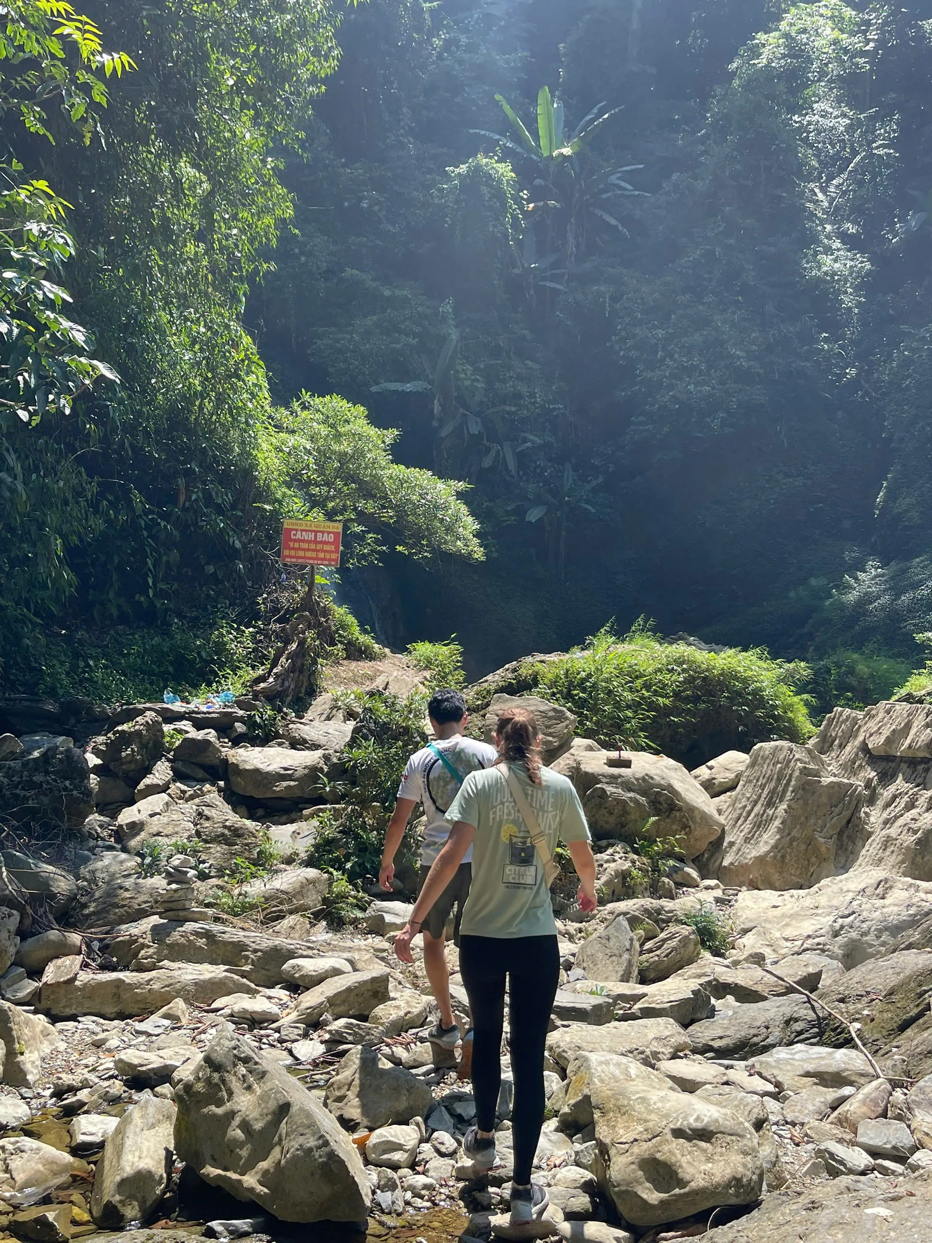 Forest path beside a stream in the Du Gia area — walking terrain, not a named waterfall claim from this frame alone.
