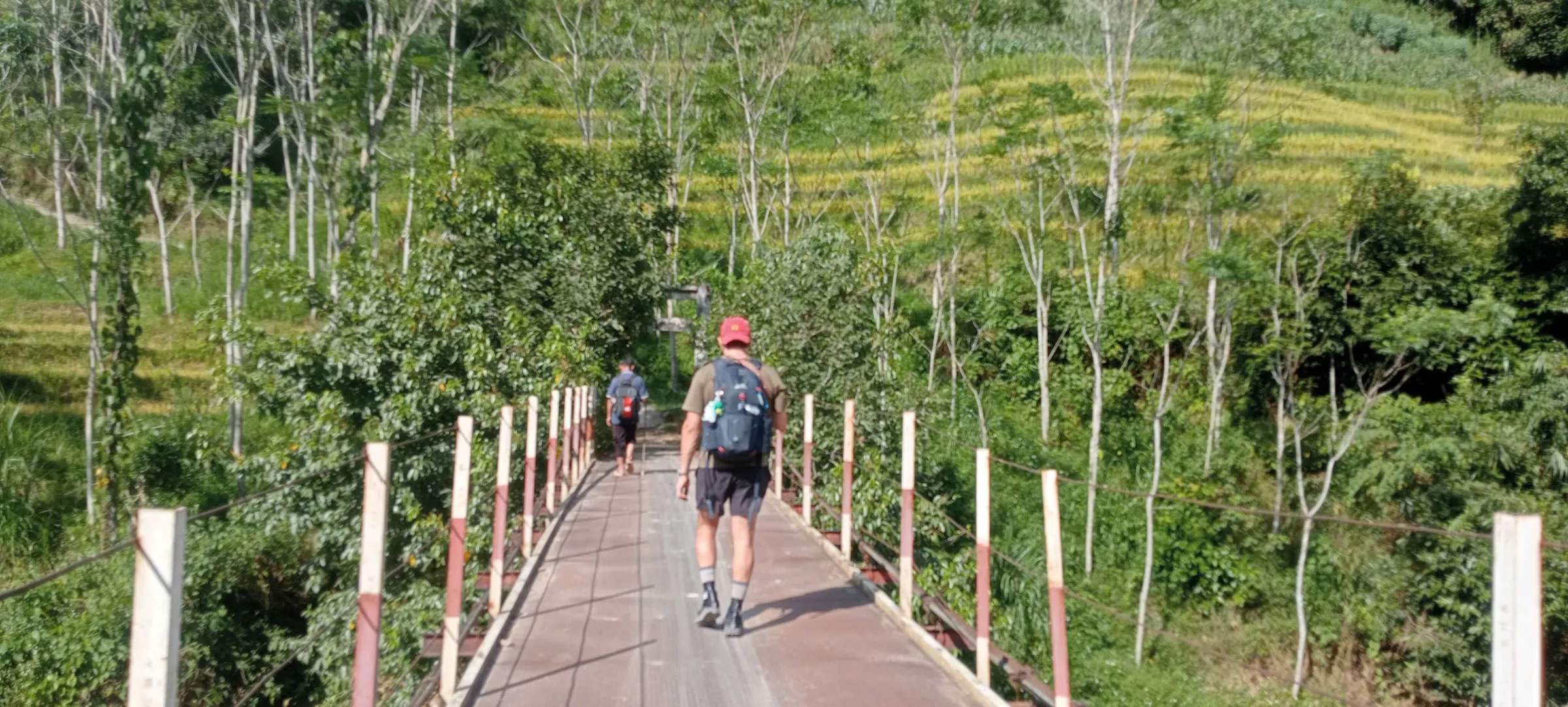 A guide and trekker cross a suspension bridge above a valley on a village trekking route in Hoang Su Phi.