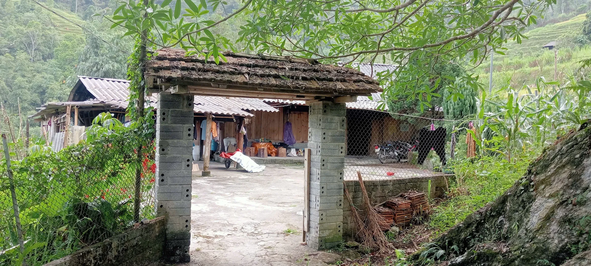 A thatched gate opens onto a village courtyard beside terraced hills in Hoang Su Phi.