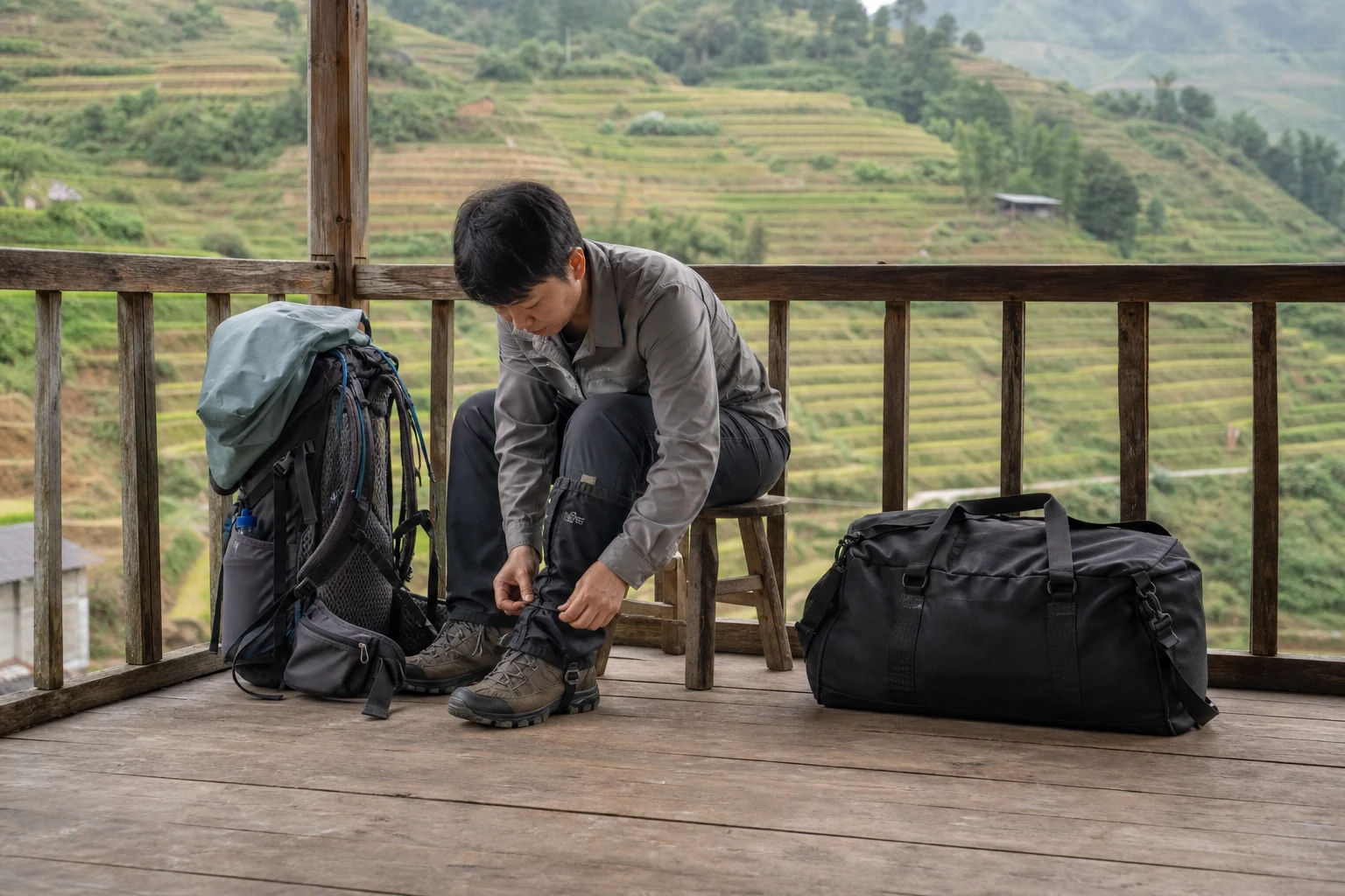 Trekker adjusting gaiters beside a daypack and transfer bag on a wooden porch