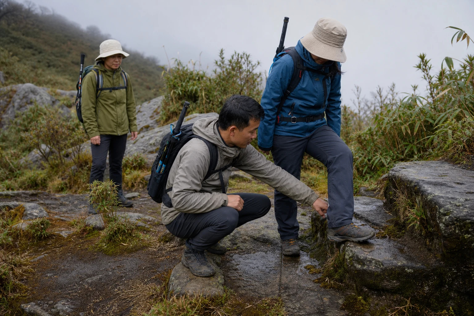 Guide checking footing on a misty summit ridge with trekkers