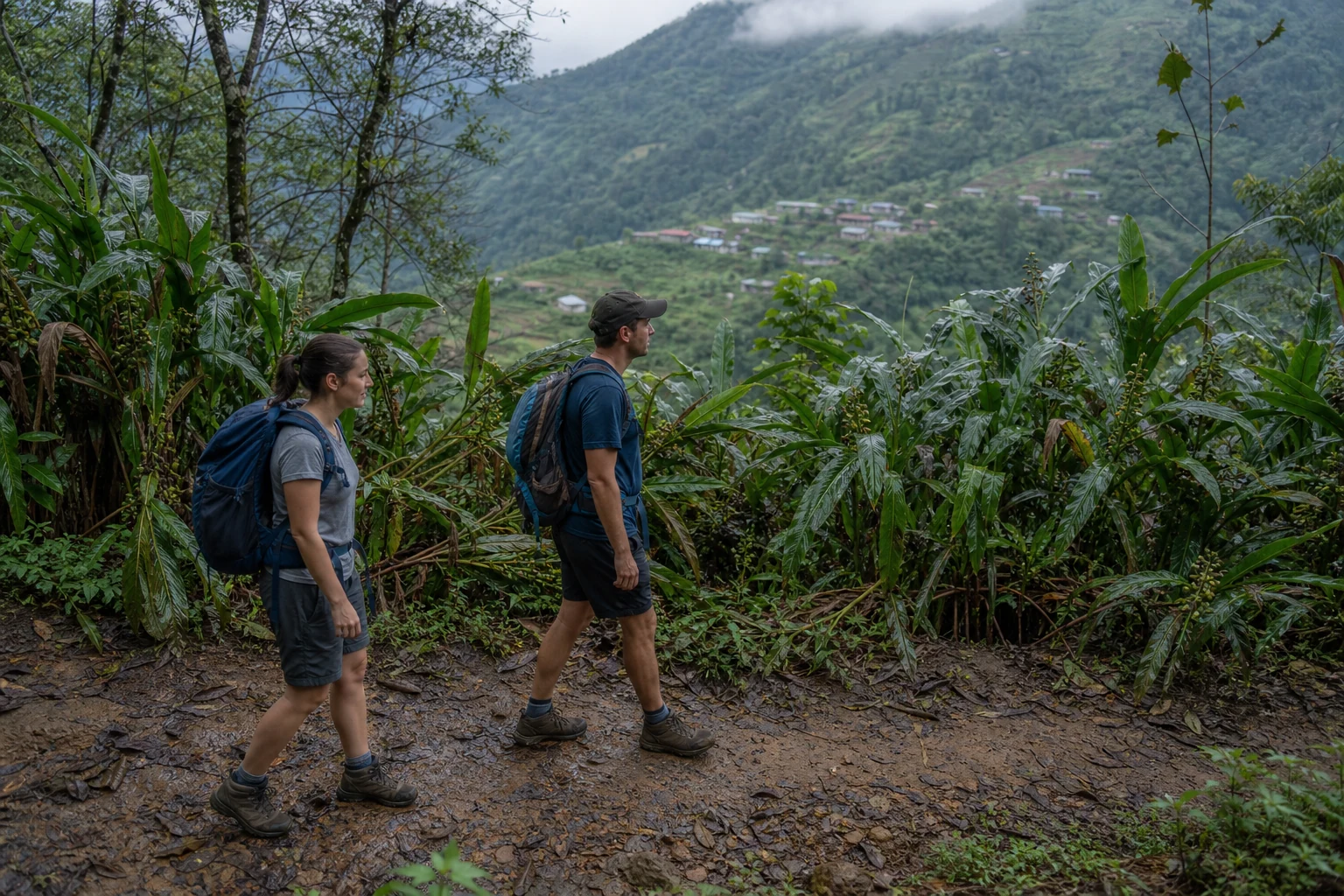 Walkers descending a cardamom forest trail as valley mist lifts