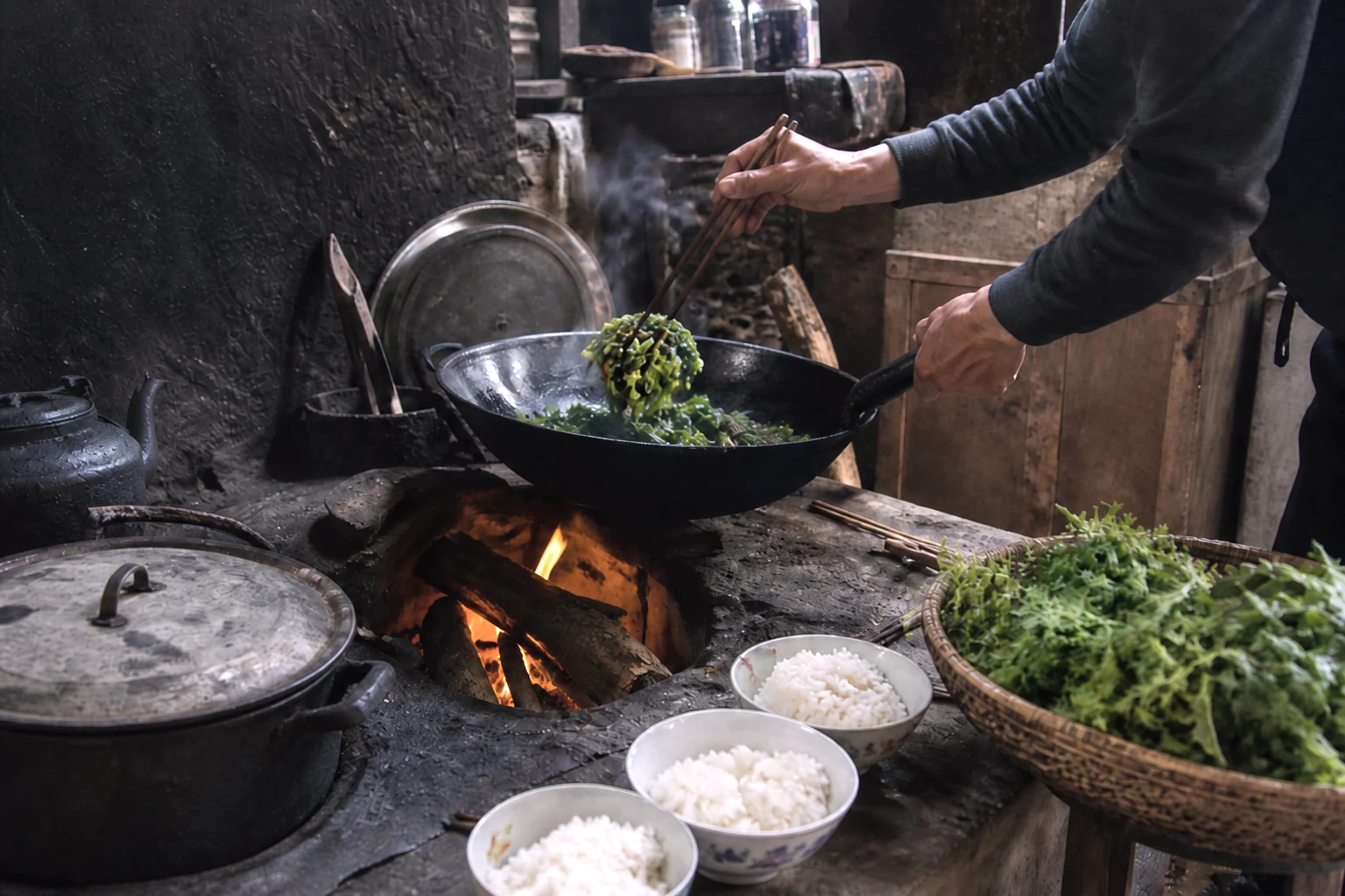 Wood-fired kitchen with wok, rice bowls and fresh greens in a Du Gia valley homestay