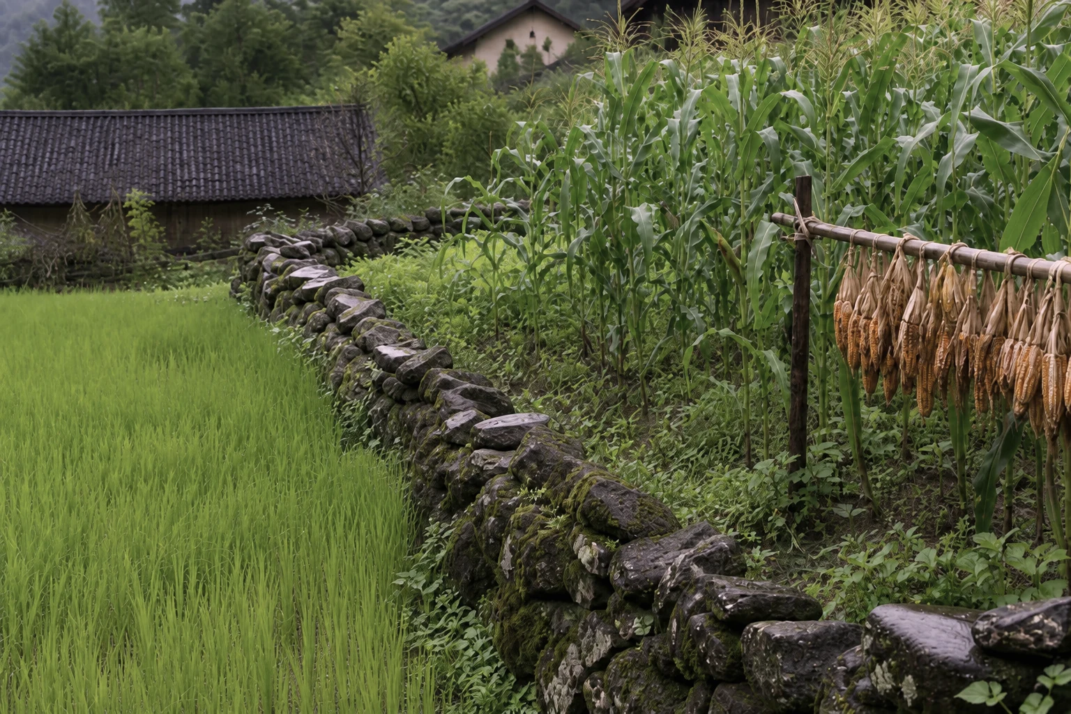 Stone wall and green terraces beside a traditional wooden house in Du Gia