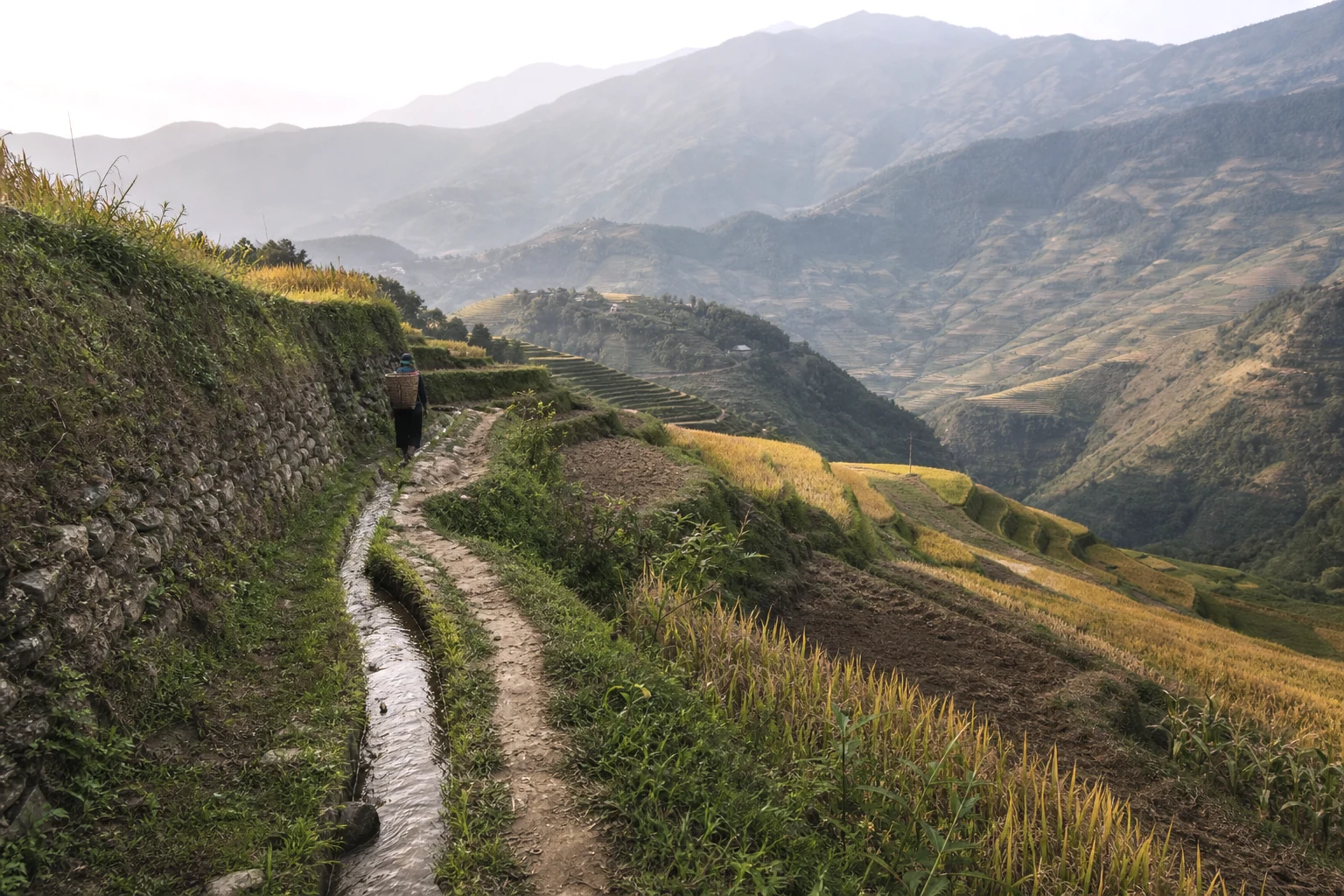 Working rice terraces and irrigation paths in Hoang Su Phi