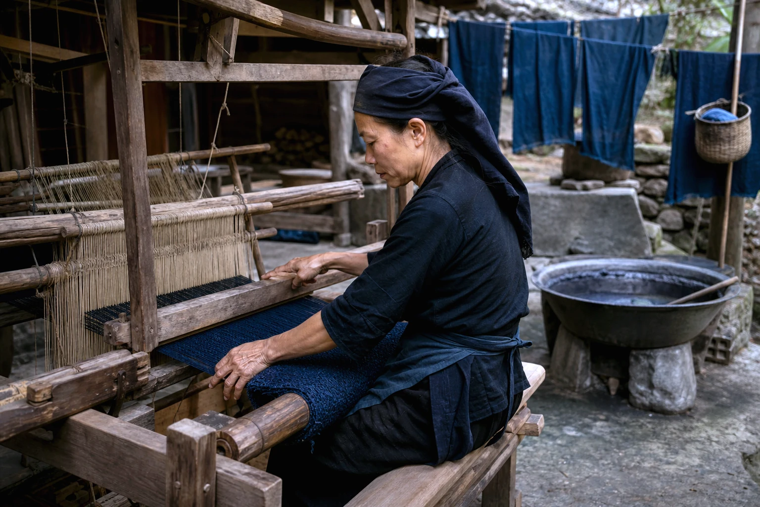 Weaver at a loom with indigo-dyed hemp cloth in Lung Tam