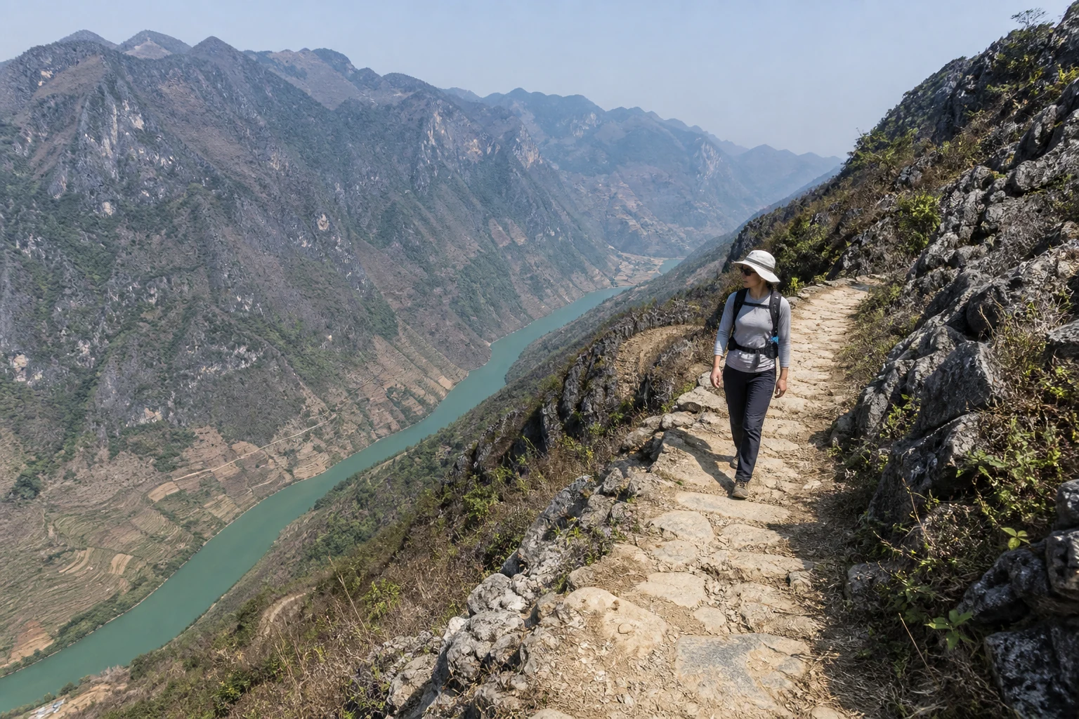 Walker on a safe limestone footpath above the Nho Que River canyon