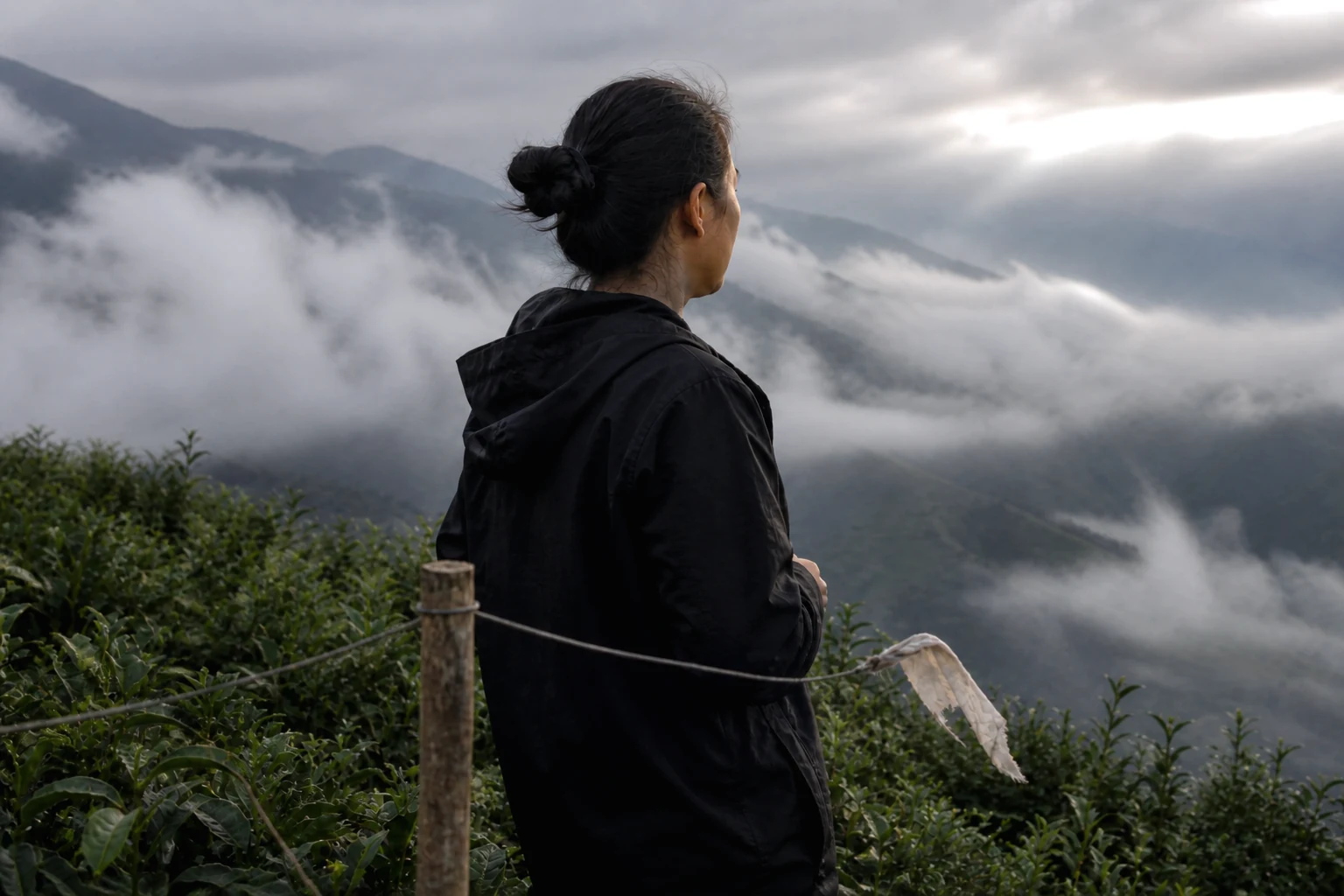 Walker on a Nam Hong ridge looking out over a sea of clouds between peaks