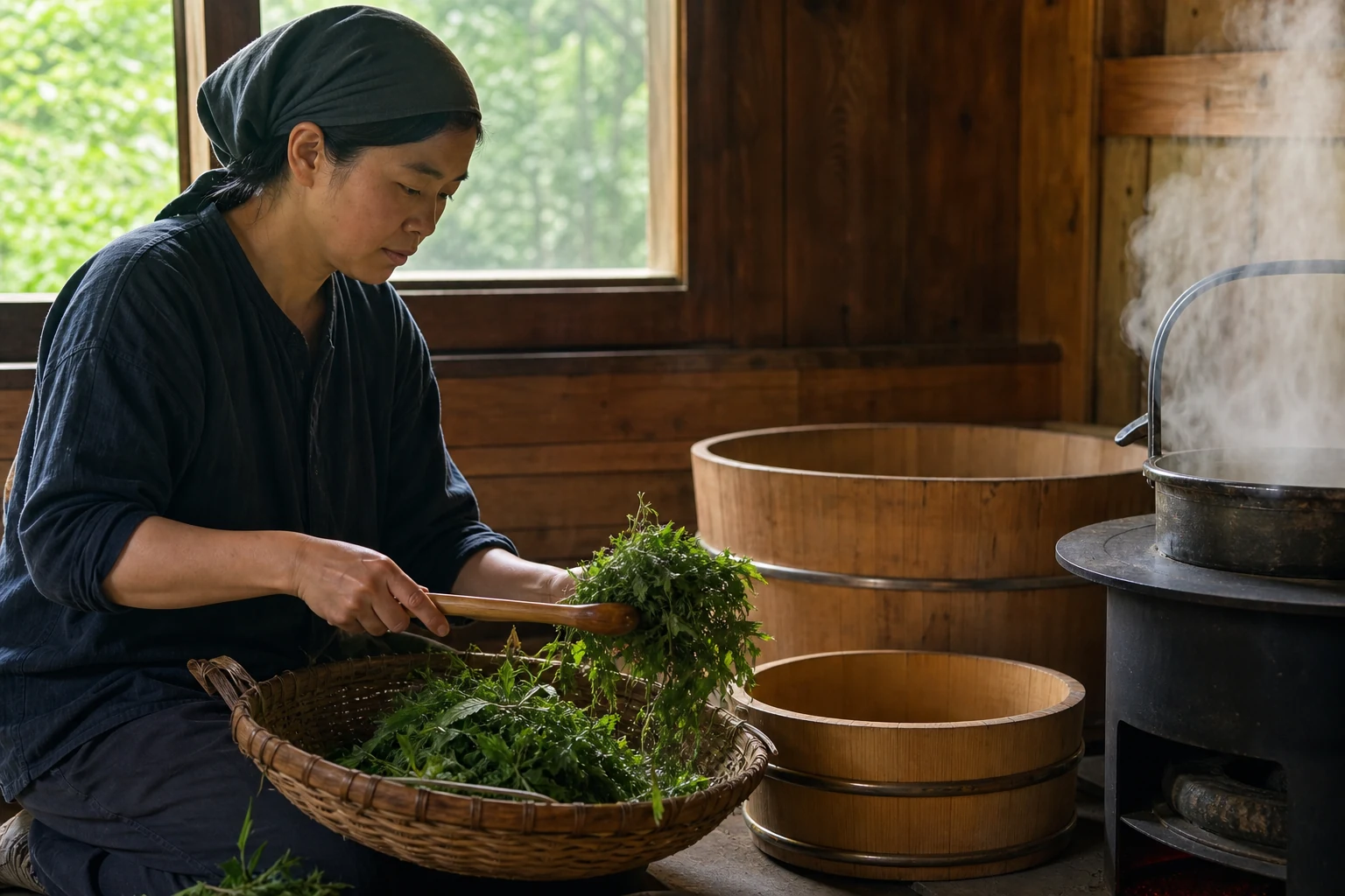 Hands preparing herbs beside a steaming bath vat in a homestay kitchen