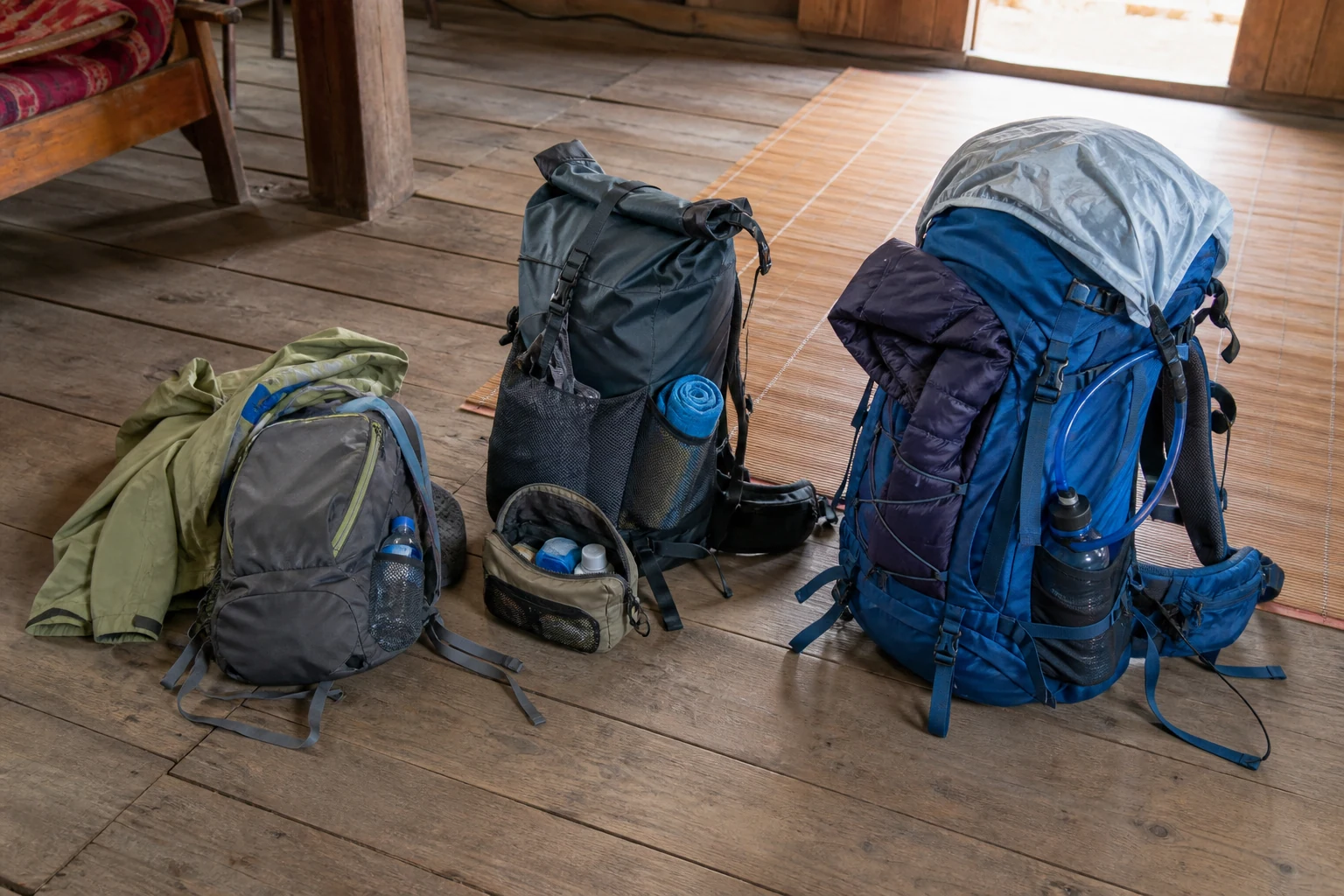 Trekking equipment arranged for different styles and lengths of Ha Giang journeys