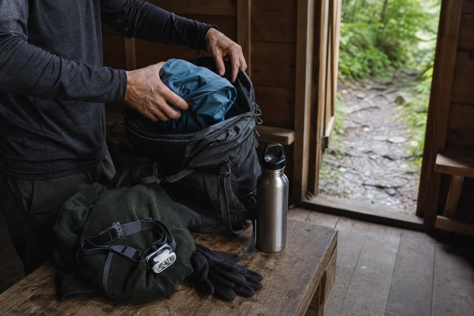 Overnight trekking gear being prepared on a wooden bench before a two-day mountain trek