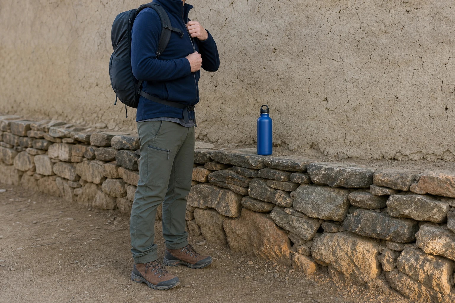 Trekker with backpack beside a mud-wall house and stone lane