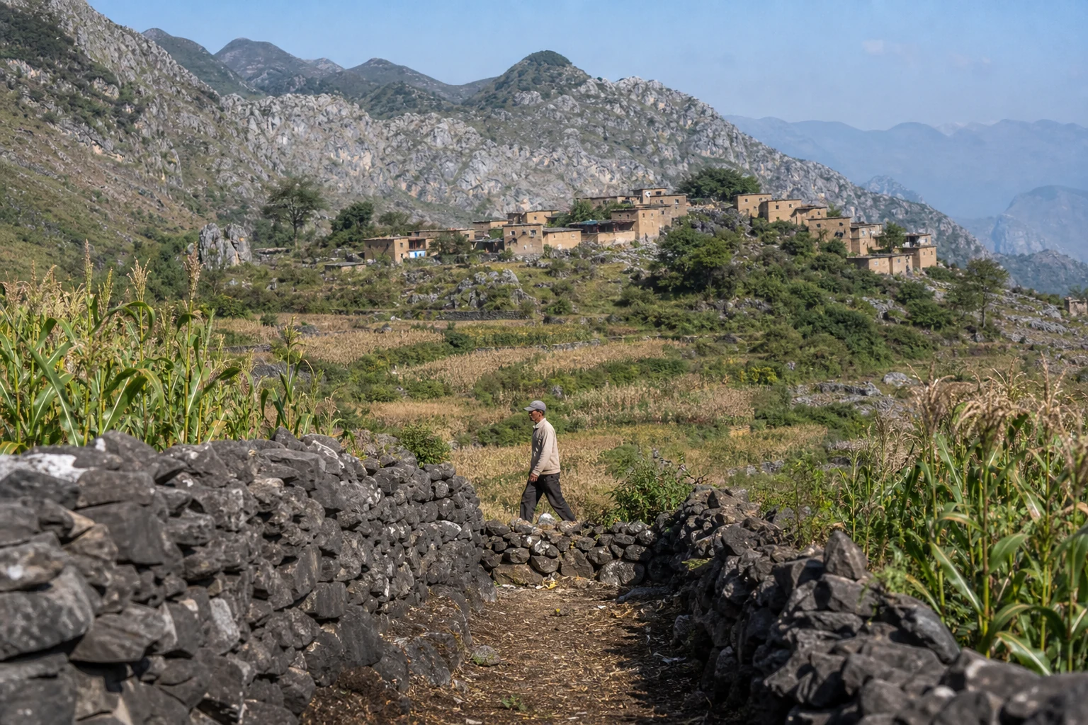 Walker on a stone-walled path above terraced slopes toward a village