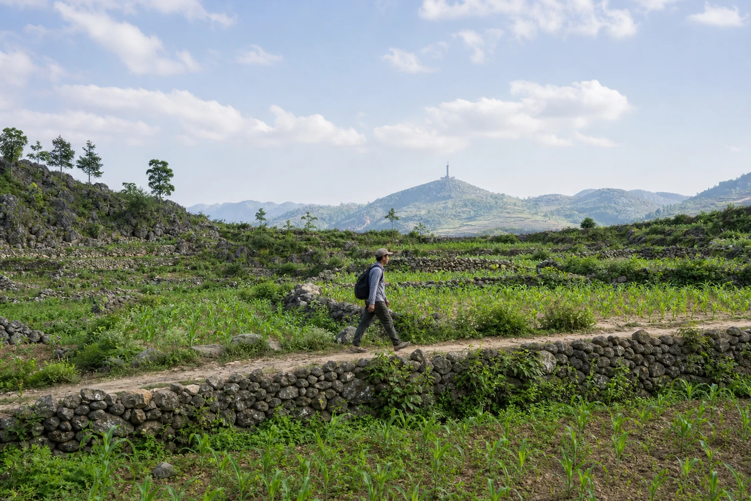 Walker on a dirt path through green fields below layered mountains