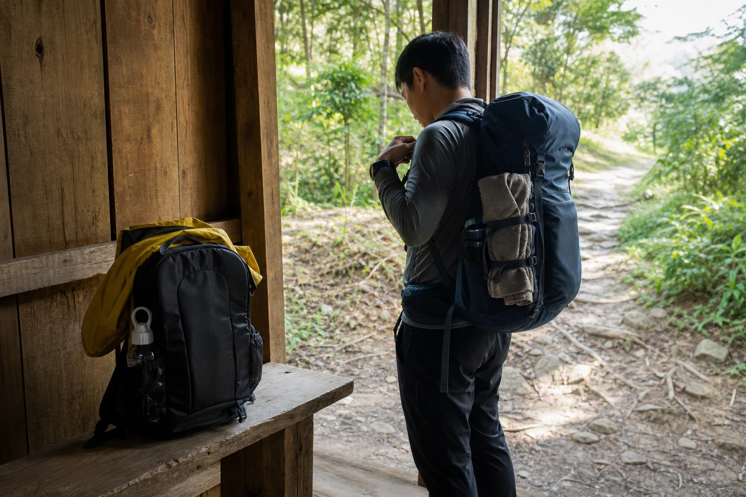 Two hikers with different pack sizes at a trail briefing point