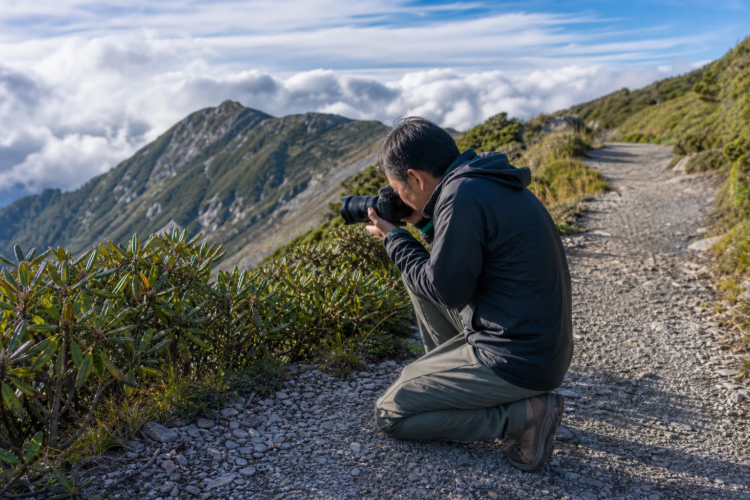 Photographer with tripod framing a mountain ridge vista
