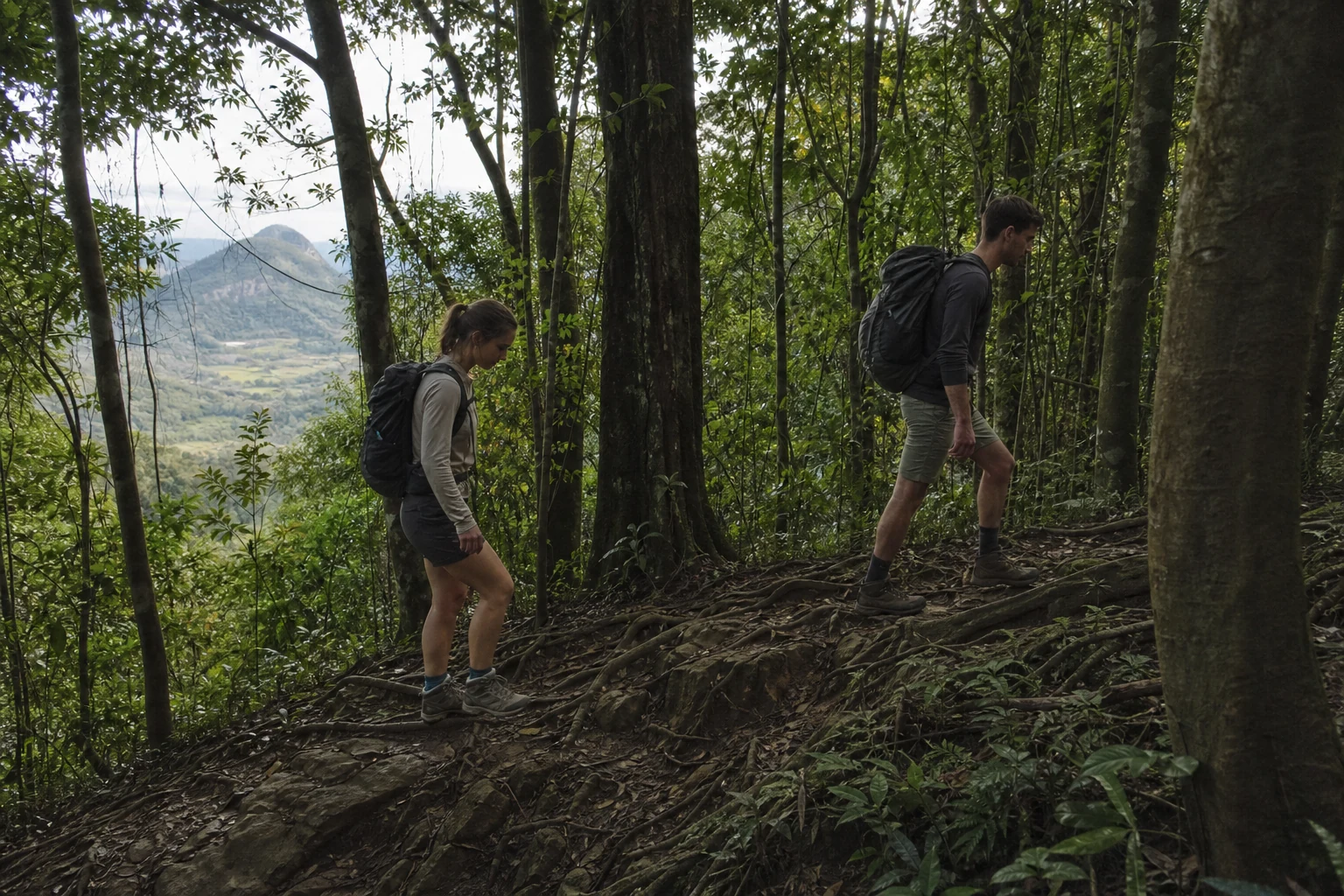 Hikers crossing a forest ridge with distant twin hills visible