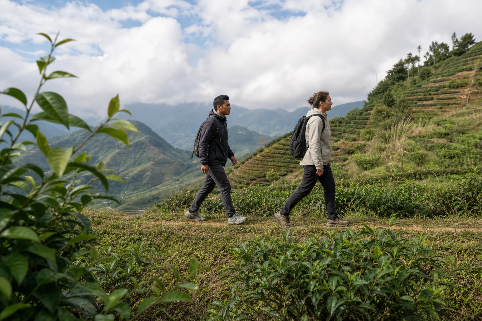 Two walkers on a grassy ridge path above forested slopes