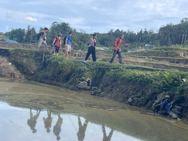 Guide leading trekkers through rice terraces near Nam Hong in Hoang Su Phi