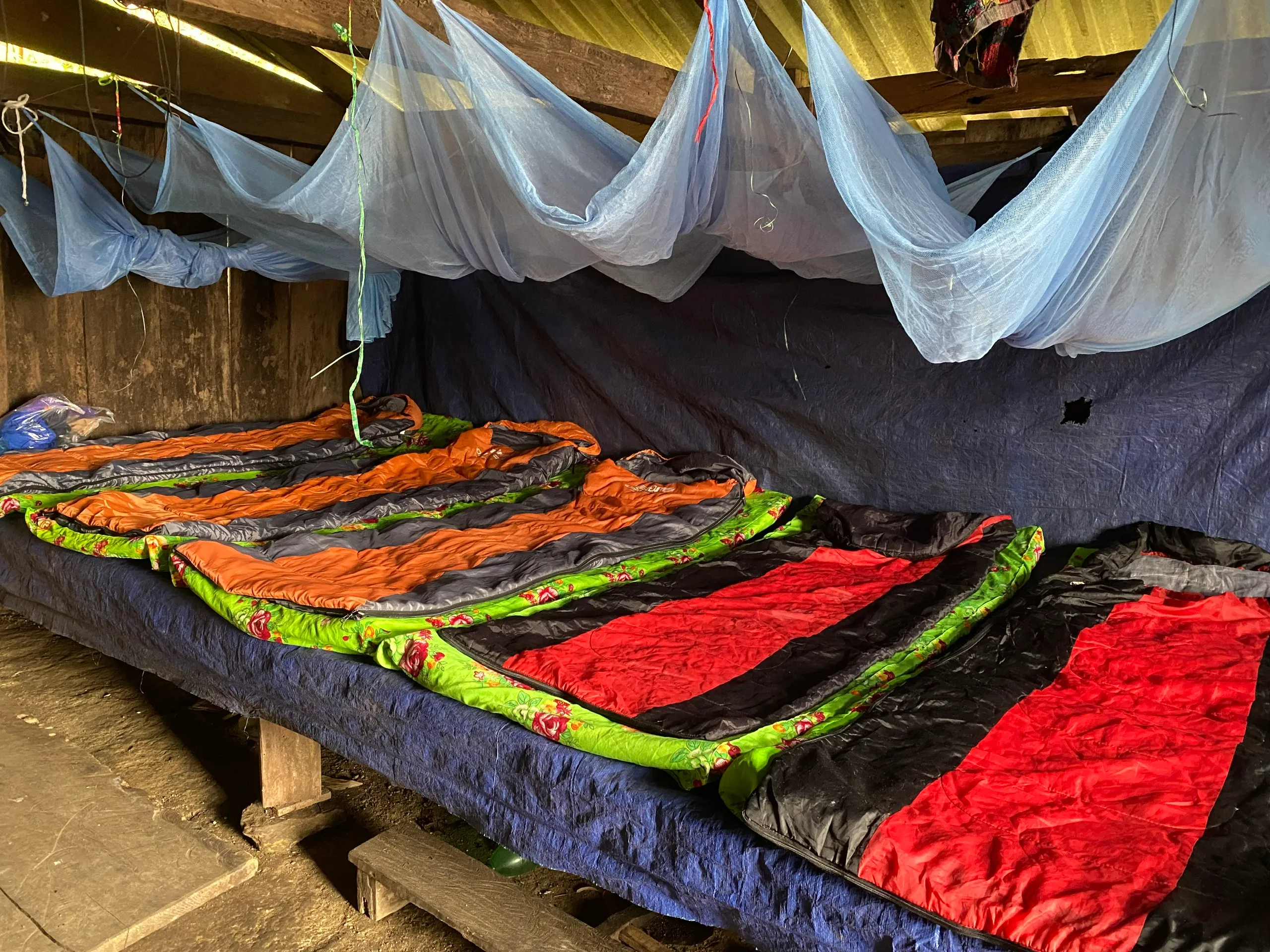 Simple forest shelter bunks with sleeping bags and nets