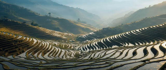 Cinematic panorama of Hoang Su Phi terraces at sunset